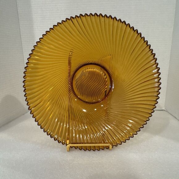 Vintage Amber Glass Centerpiece Large Bowl Swirl Pattern Sawtooth Edge France - Picture 4 of 9